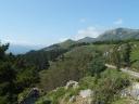 Vistas desde lo alto hacia montañas verdes y bosques bajo un cielo azul