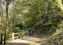 Family walking through dry leaves along a wooded section of the Baltasara Railway.