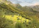 Panoramic view of the meadow of Brañagallones with cabins and forest.