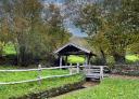 Wooden bridge over stream between autumn trees