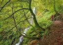 Hiker observing the Xiblu waterfall from the Montegrande beech forest.
