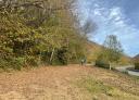 A couple of hikers on a path covered with fallen leaves in autumn.