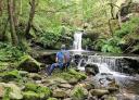 Hiker contemplating a waterfall surrounded by lush vegetation.