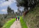 Two hikers walking along a path surrounded by vegetation.