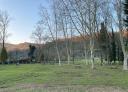 A grassy, tree-lined playground with wooden picnic tables.