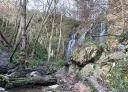 General view of a waterfall surrounded by lush forest and rocks.