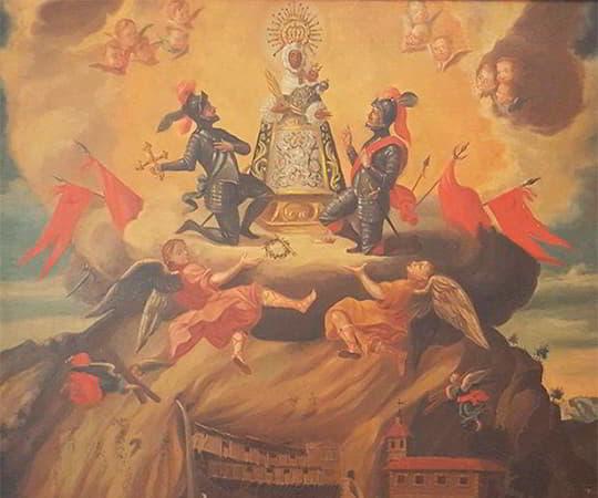 Pintura que incluye a los guerreros cristianos, ángeles y la cueva característica del santuario en Asturias.