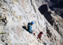 Several hikers descend a vertical rock face.