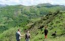 Hikers enjoy panoramic views of valleys and green mountains in Asturias