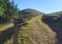 Meandering dirt road on grassy slope, route sign and mountains in the background