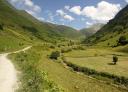 A path through a green and hilly valley with trees