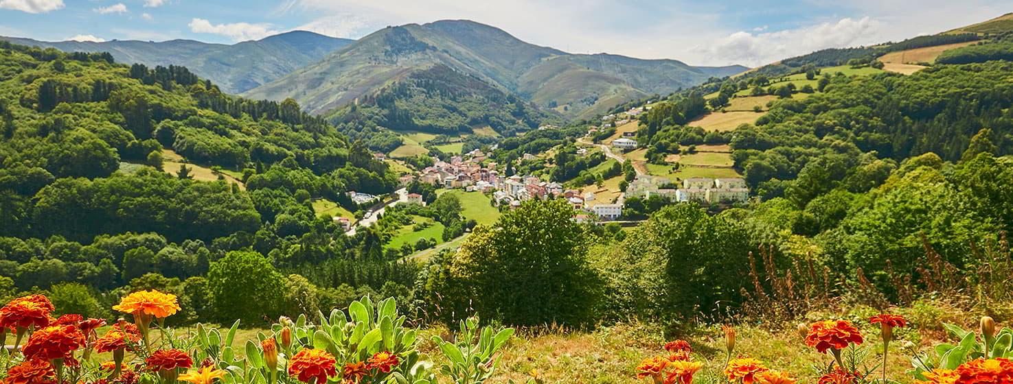 Vista de Montefurado em Allande, uma freguesia no cimo de uma serra, onde se podem ver casas de pedra com telhados de ardósia cinzenta.  Por baixo delas, os prados são de um verde claro mas intenso, dando frescura à imagem. Atrás delas, uma montanha suave com árvores verde-escuras.