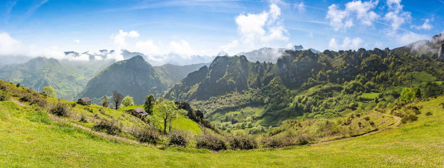 Espetacular fotografia de Campa Felguera, em frente a prados verdes com algumas cabanas e arbustos. À medida que avançamos na fotografia, as montanhas erguem-se com os seus picos azulados. Fechando a foto, mais cadeias de montanhas se elevam acima, tocando o céu azul. Algumas nuvens brancas adornam os seus cumes.