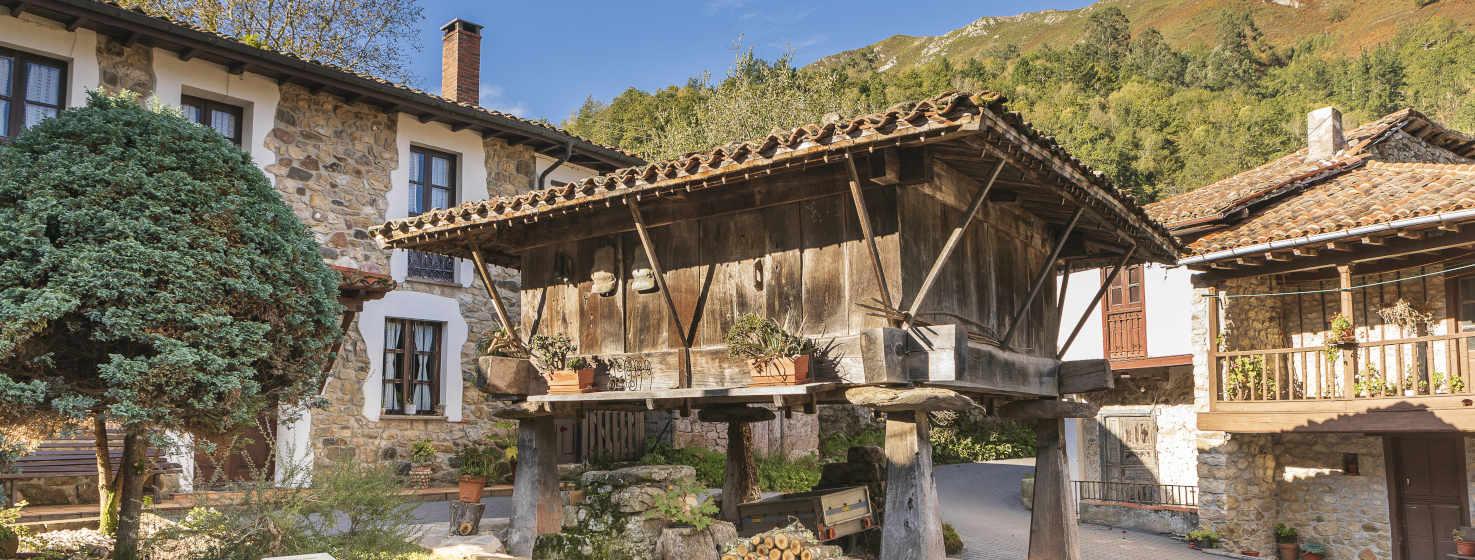 Imagem de um hórreo tradicional, abundante nesta zona, situado num prado em frente a uma típica casa de pedra asturiana com janelas de madeira, à direita outra casa de pedra com um corredor de madeira asturiana cheio de plantas com flores.  Ao fundo, à direita, ergue-se uma suave montanha verde com algumas árvores na parte inferior.