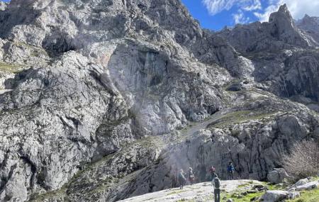 Varias personas recorren un terreno rocoso de alta montaña, con paredes verticales y grandes formaciones de piedra.