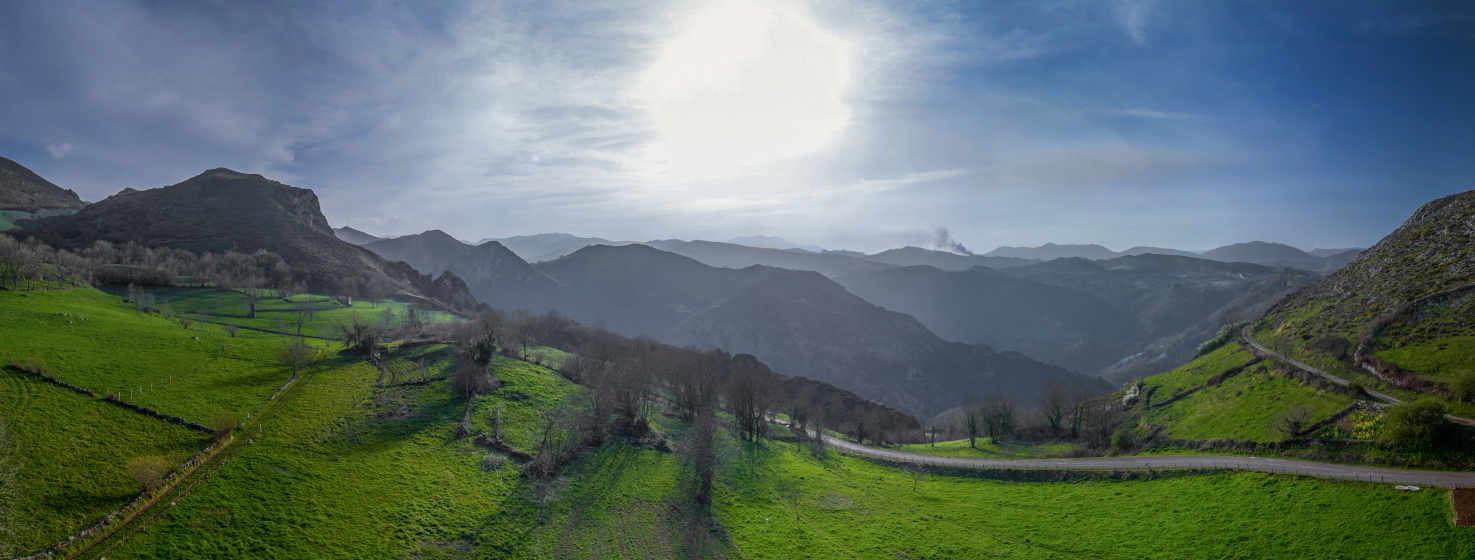 Bild von grünen Wiesen im Vordergrund mit einigen braunen, blattlosen Bäumen. In der Mitte der Wiesen klettert links eine Straße den Pass hinauf. Dahinter folgen dunkel gefärbte Bergketten hintereinander. Der Himmel ist blau, und die Sonne ist in eine leichte, fast durchsichtige Wolke gehüllt.
