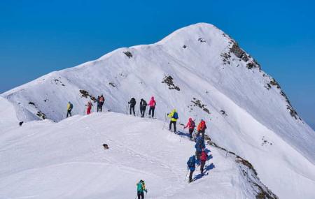 A group of mountaineers are moving along a snow-covered ridge, ascending towards a prominent summit in a wintry environment. The clear sky and snow-covered slope provide a clear view of the high mountain relief.