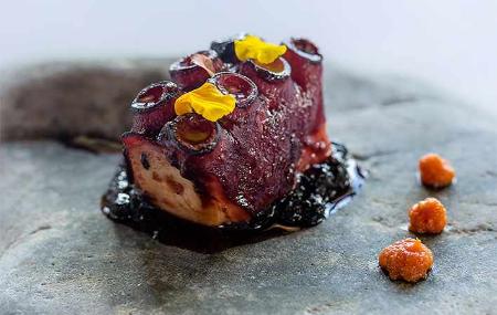 Pulpo con salsa y flores comestibles