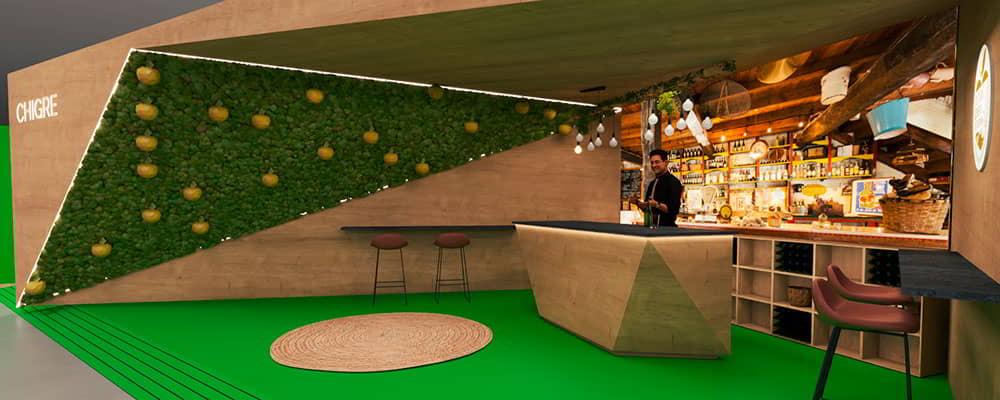 Espacio del stand en el que recrea un chigre-tienda.