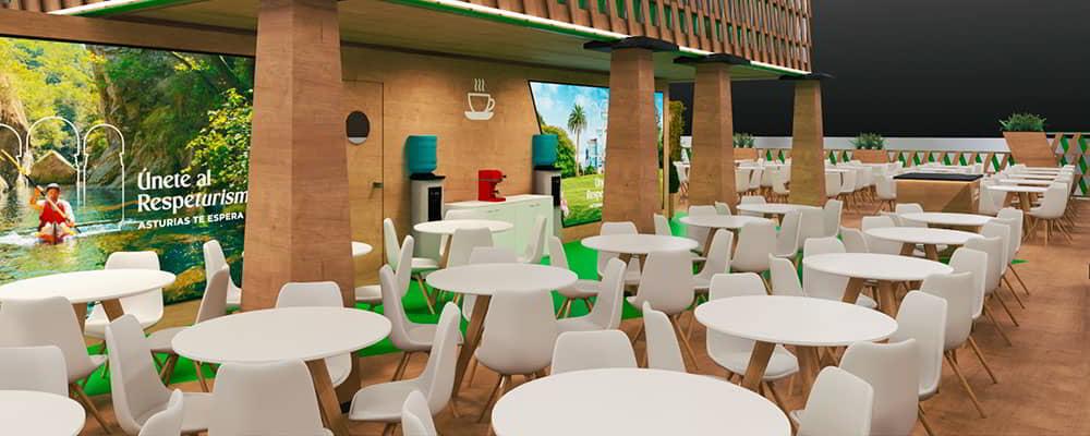 Espacio del estand dedicado a los profesionales del sector con mesas de trabajo.