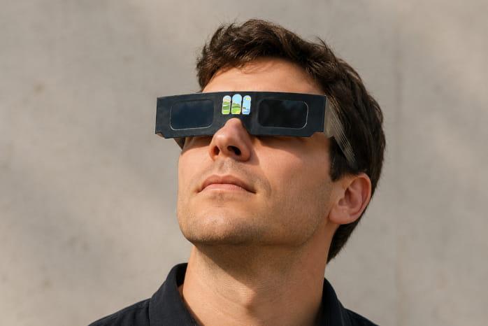 Imagen de un chico con las gafas homologadas para la observación del eclipse solar