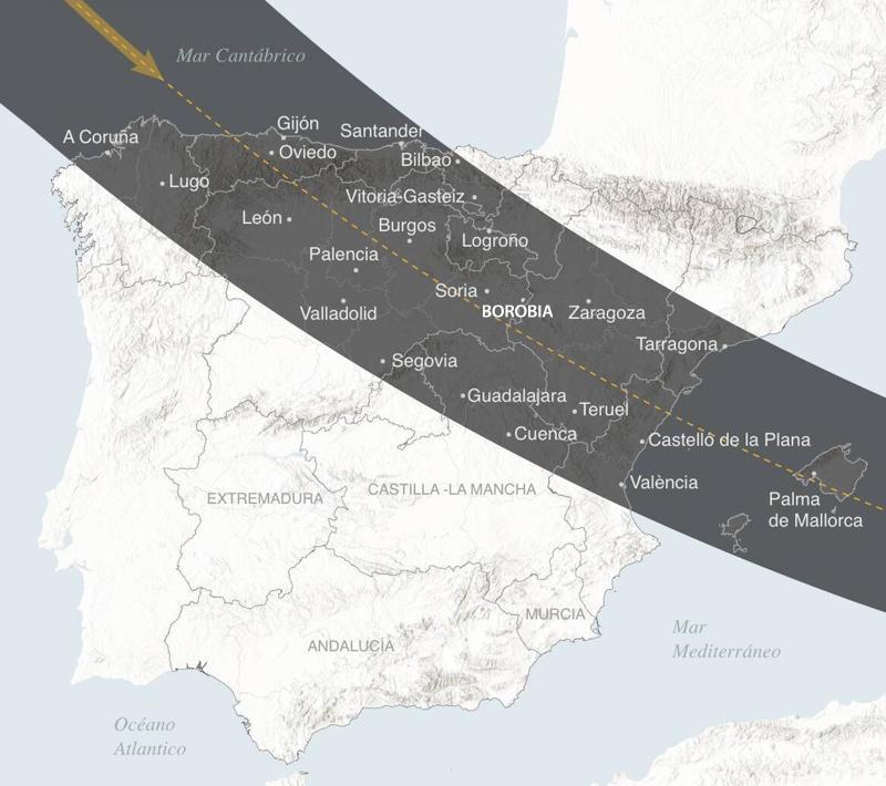Immagine della fascia geografica dell'eclissi totale di Sole del 2026