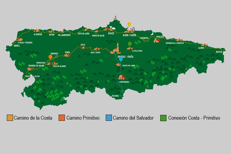 Imagem do mapa com as secções do Caminho de Santiago